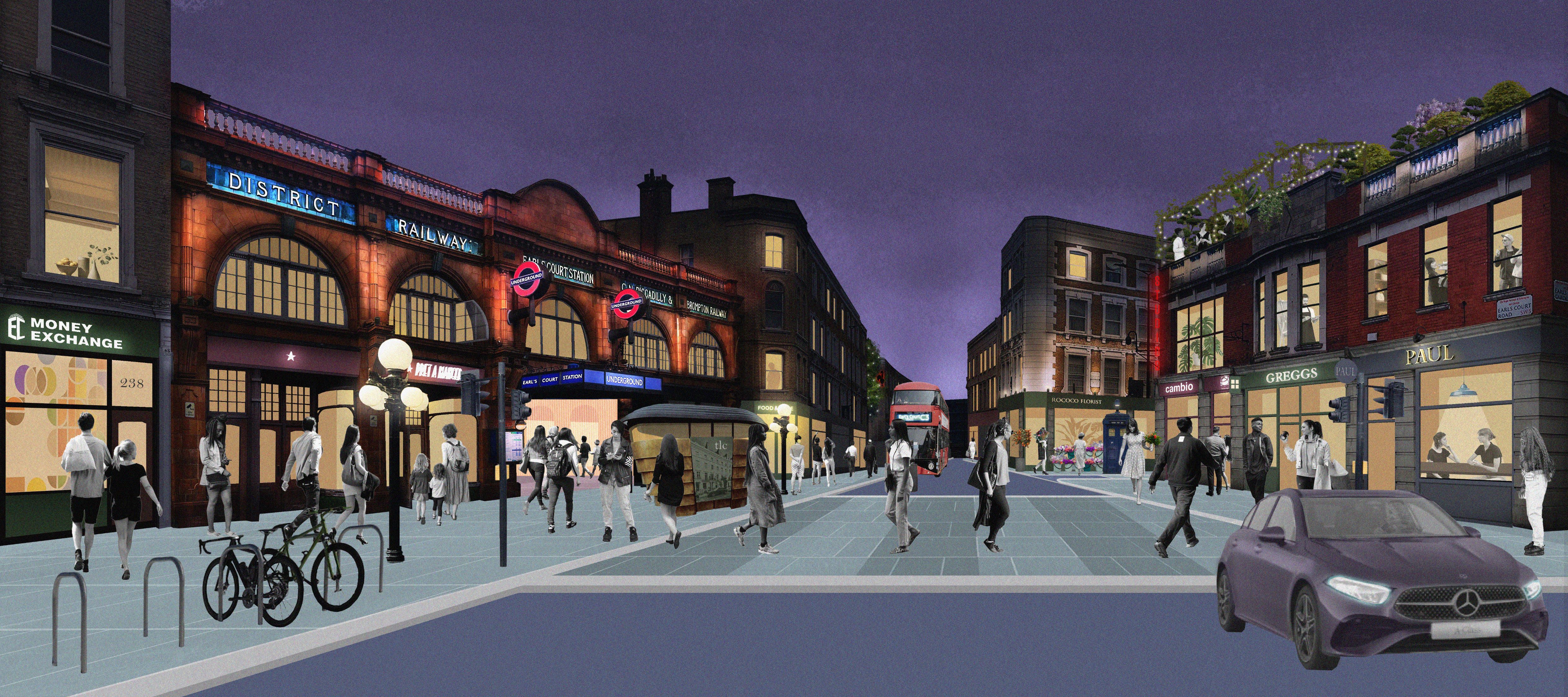 Digital concept drawing of the high street showing Earls Court Road tube station and ambition for shops in an evening setting