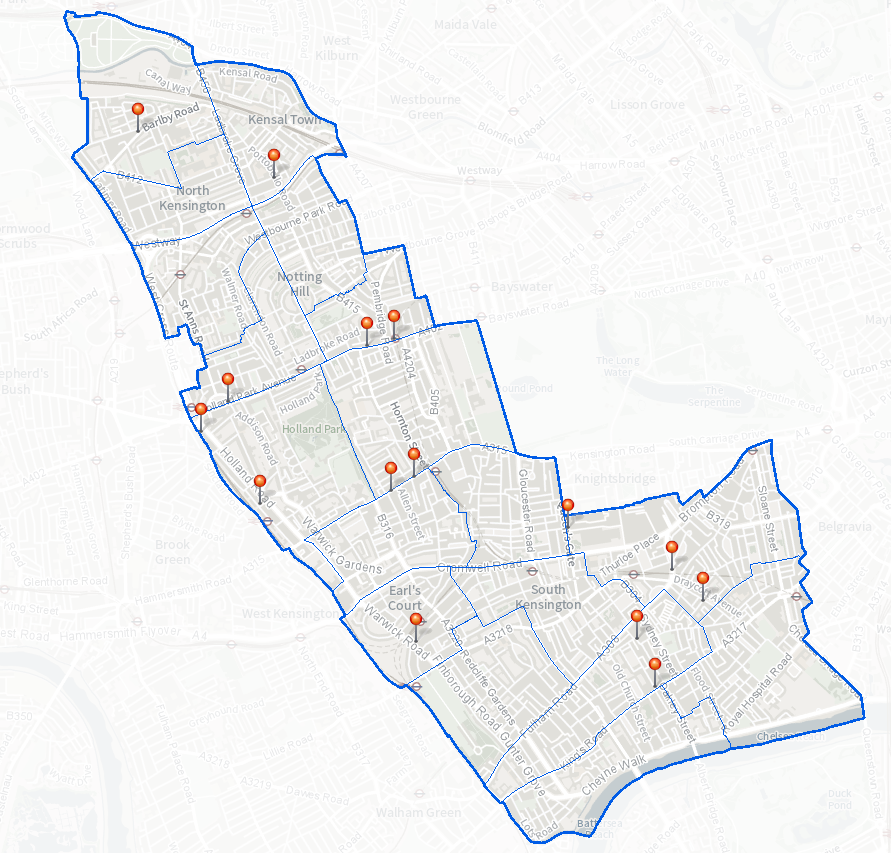 On this map of the borough the location of each of the 15 proposed new bays is indicated with a pin drop with a list of the roads on which we propose to site new bays.