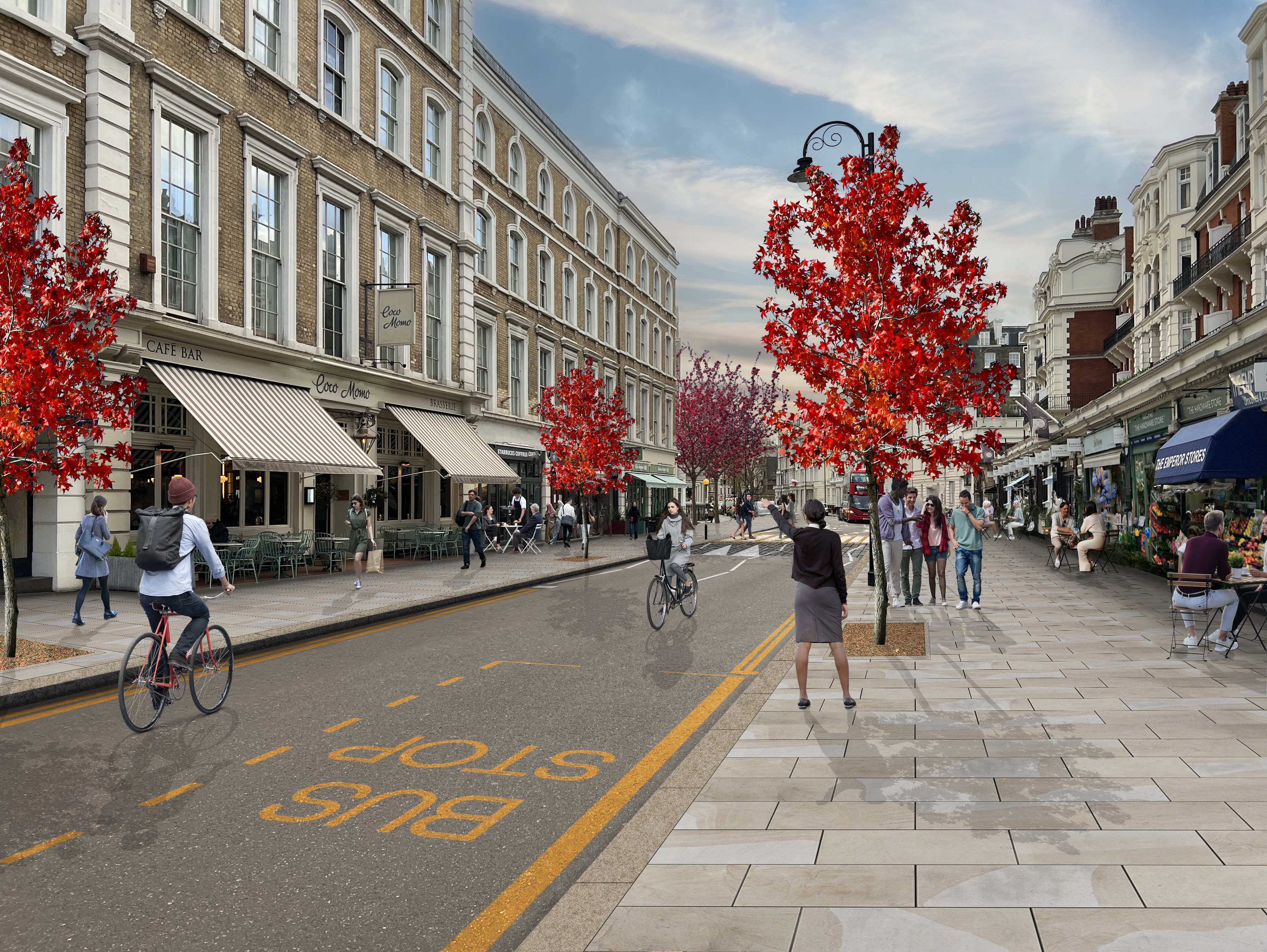 Artists impression showing Gloucester Road between Queen's Gate Terrace and Elvaston Place, with widened footways in natural materials, a narrowed carriageway and street trees.