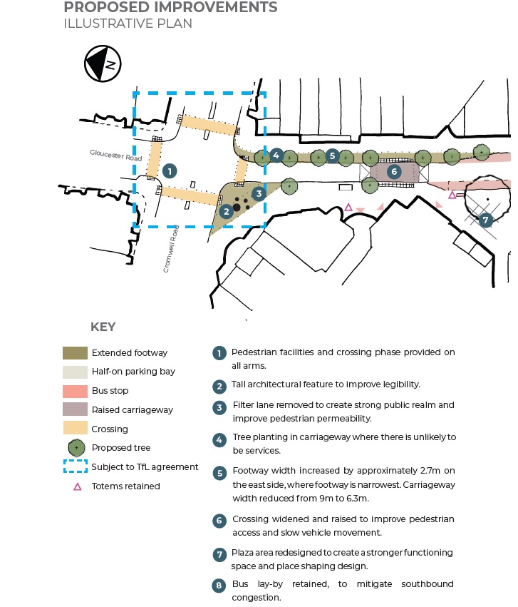 This plan shows the proposed changes. A widened footway on the east side between the junction with Cromwell Road and the southbound bus stop layby, and new trees on both sides of the road. The existing pedestrian crossing north of the station entrance widened and raised to improve pedestrian access and reduce the speed of traffic. The plaza area on the west side of the road at the junction with Courtfield Road redesigned to create a stronger functioning place and place shaping design. The raised table at this junction extended to improve access for cyclists. The existing bus stop laybys on both sides of the road retained to mitigate congestion, provision for parking and loading/unloading south of the bus stops with the edge of the carriageway treated so that when no vehicles are parked the carriageway still feels narrow. South of this, footway widening on both sides of the road by approximately 1.5m and new trees  The changes at the junctions with Cromwell Road and Old Brompton Road are subject to TfL agreement and do not form part of this consultation. They are, however included in this illustration for completeness.  At the Cromwell Road junction the changes include pedestrian facilities and crossing phase on all arms of the junction and the removal of the filter lane to create a strong public realm and improve pedestrian permeability. At the Old Brompton Road junction the changes involve narrowing the junction on all four corners to provide more room and shorter crossing distances for pedestrians and a straighter path for cyclists.