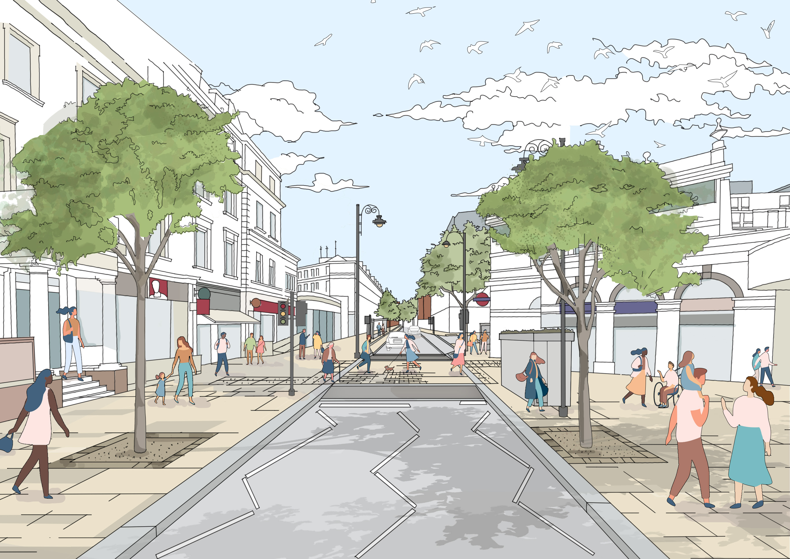 This is a sketch looking south from a viewpoint north of Gloucester Road underground station. It shows the widened footway, new trees on both sides of the road and the upgraded pedestrian crossing.