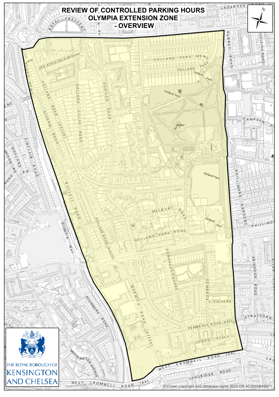 Map 1 – Overview This map shows the full area being included in the consultation. It includes all the streets where we are proposing changes to parking control hours. The consultation area is defined by the following boundaries: To the north, it is bordered by Holland Park Avenue. To the west, the boundary follows the borough limit with Hammersmith and Fulham and the West London surface level railway line. To the south, the area is bounded by West Cromwell Road. To the east, the boundary runs along Holland Walk and Earl’s Court Road. All residents’ bays and Pay-by-phone visitor bays within these boundaries are included in the consultation.
