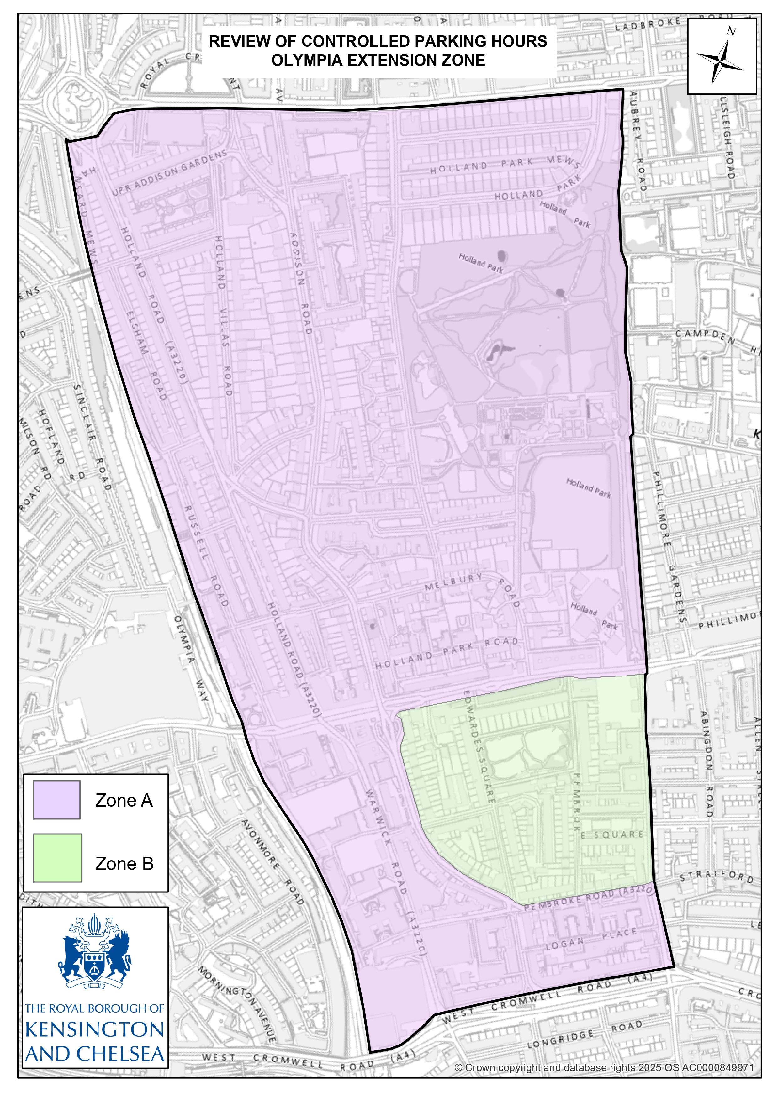 Map 2 – Proposed Zones A and B We have split the consultation area into two parts which we have called Zone A and Zone B, because the current hours of parking control are different in these two areas, and the  proposed new hours of parking control in the two areas would be slightly different if introduced. What we are referring to as Zone A would comprise all of the consultation area shown by the overview map except for part of Abingdon ward which we are calling Zone B. This area would be bounded by Kensington High Street to the north, Warwick Gardens to the West, Pembroke Road to the south and to the east, the border would follow Earl’s Court Road. 