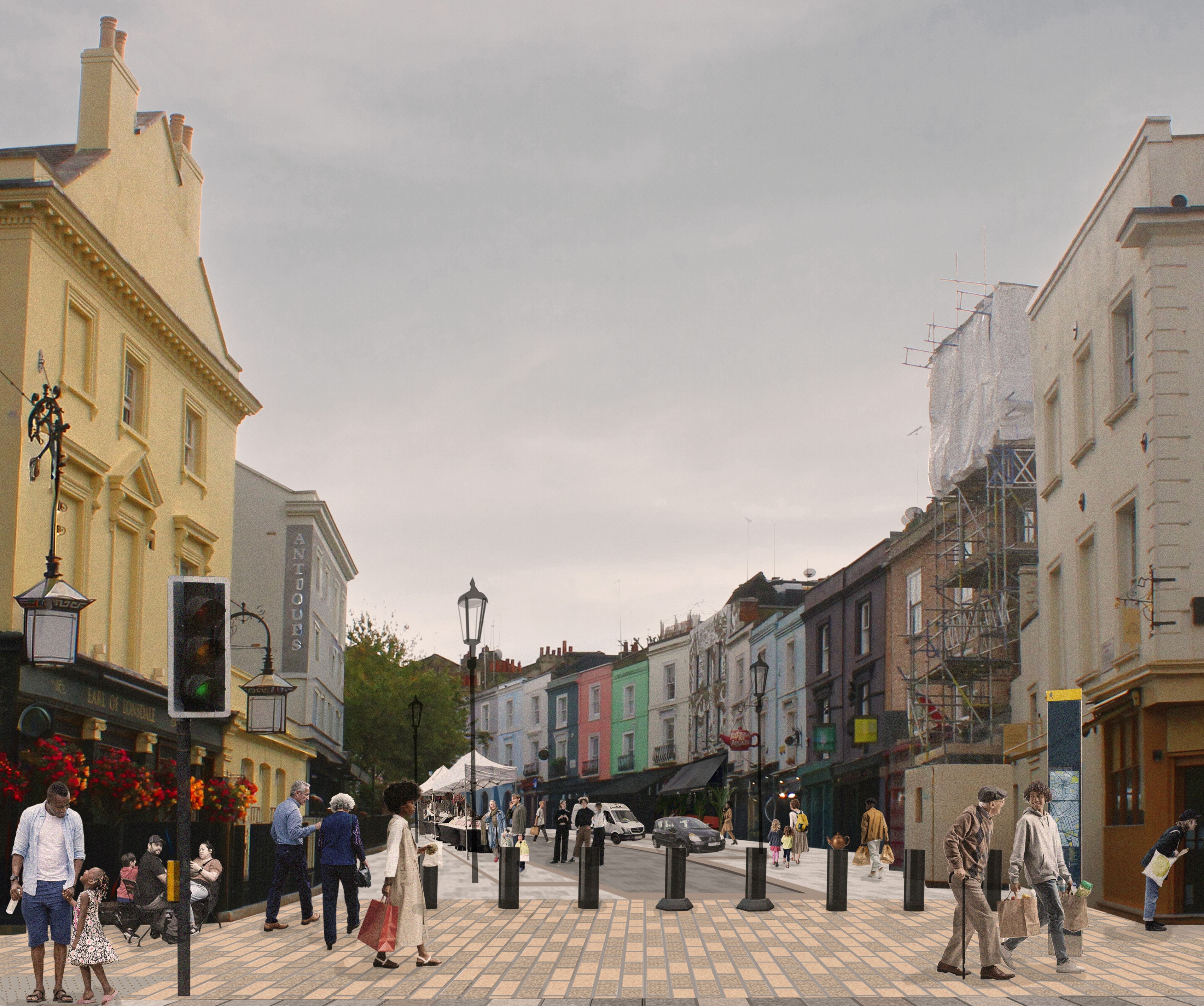 This illustration of the proposals shows Portobello Road at the junction with Westbourne Grove with new paving for better accessibility, new road safety bollards, market stalls, car parking, and new heritage style lampposts.