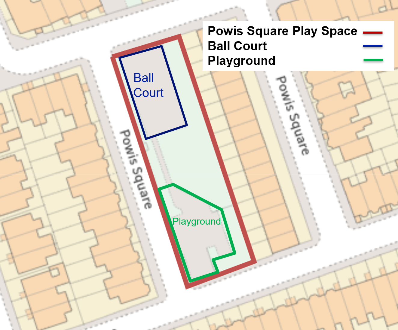 This is a map of Powis Square Play Space. The map shows the formal play area located in the south, ball court in the north and general amenity space between.