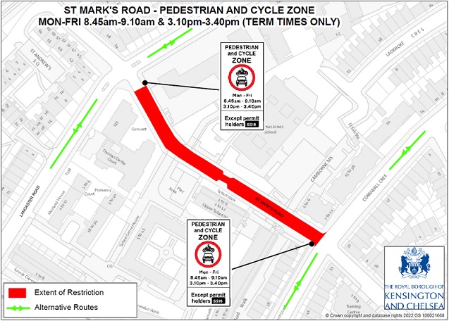 A map of the proposed closure area on St Mark's Square (between the junctions with Lancaster Road and Cornwall Crescent). The area would become a pedestrian and cycle zone (plus exempt vehicles) during school terms between 8.45 to 9.10am and 3.10 to 3.40pm Monday to Friday.