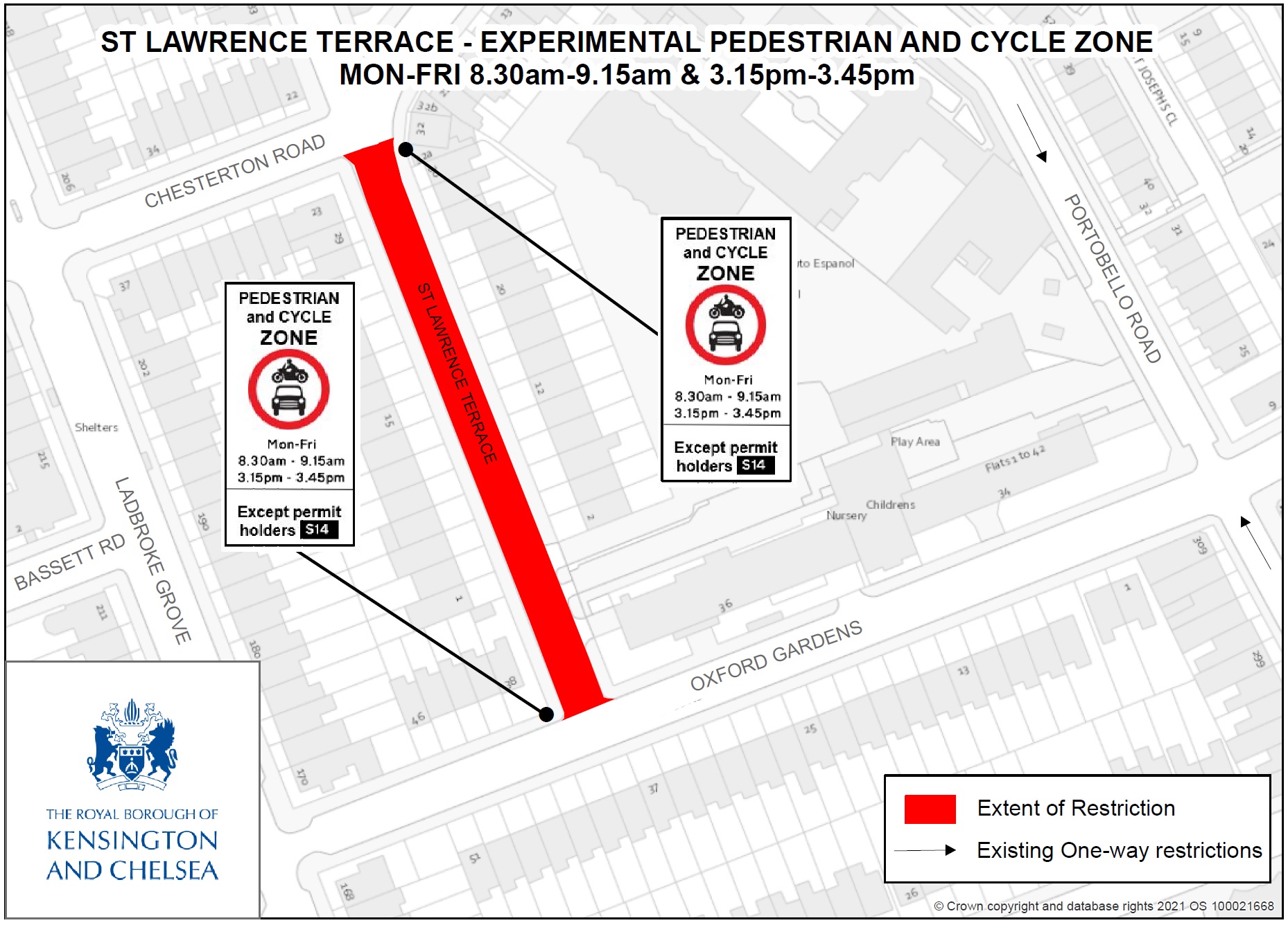 A map of the proposed closure area on St Lawrence Terrace (between the junctions of Chesterton Road and Oxford Gardens). The area would become a pedestrian and cycle zone (plus exempt vehicles) during school term between 8.30 to 9.15am and 3.15 to 3.45pm Monday to Friday.