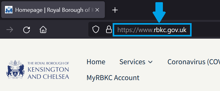 Screenshot of the RBKC home page, highlighting the URL bar.