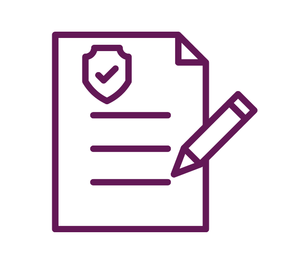 illustrated purple icon showing a piece of paper with writing on and pencil