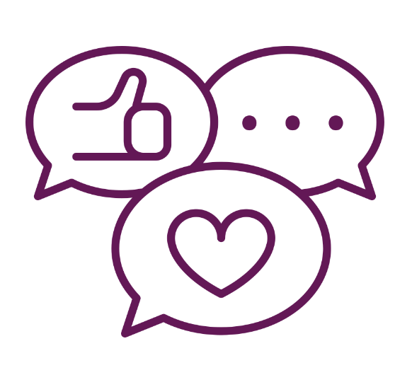 illustrated purple icon showing 3 speech bubbles, one with a thumbs up sign inside, one with a heart inside and one with some ellipsis inside